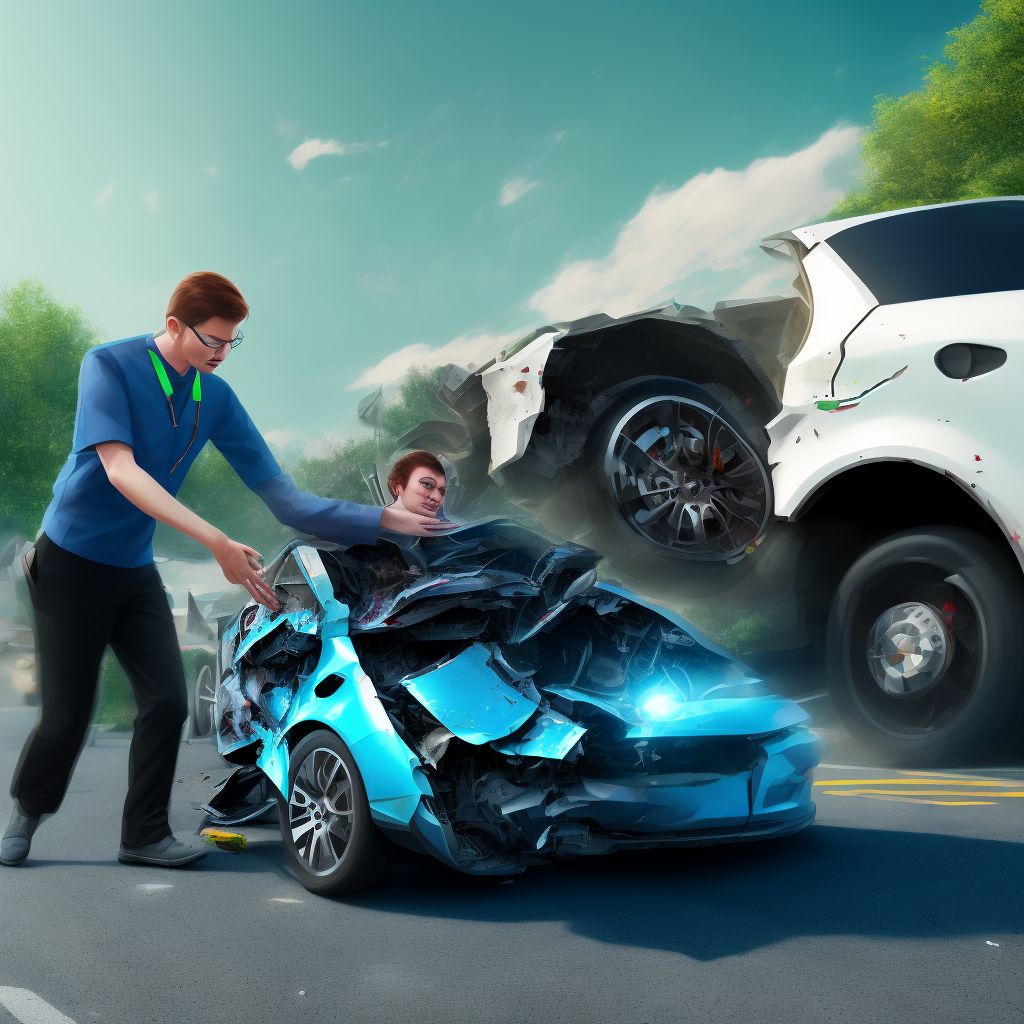 Person boarding or alighting a three-wheeled motor vehicle injured in collision with heavy transport vehicle or bus, sequela digital illustration