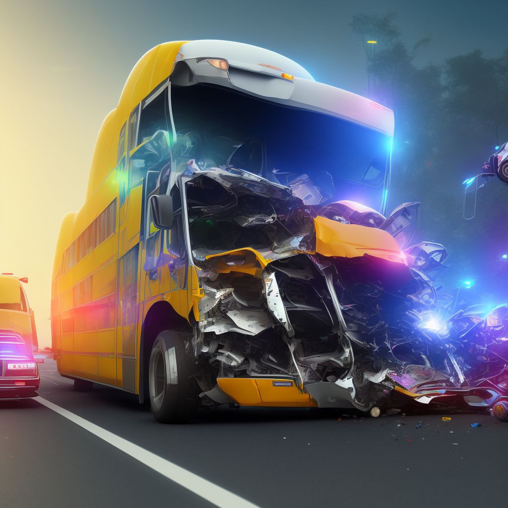 Driver of three-wheeled motor vehicle injured in collision with heavy transport vehicle or bus in traffic accident, initial encounter digital illustration