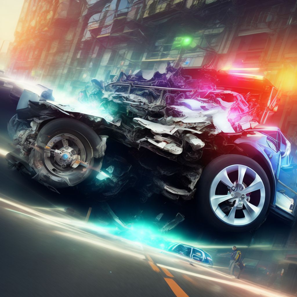 Passenger in three-wheeled motor vehicle injured in collision with heavy transport vehicle or bus in traffic accident, subsequent encounter digital illustration