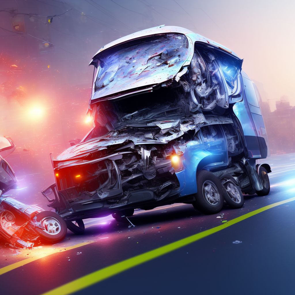 Person on outside of three-wheeled motor vehicle injured in collision with heavy transport vehicle or bus in traffic accident, initial encounter digital illustration