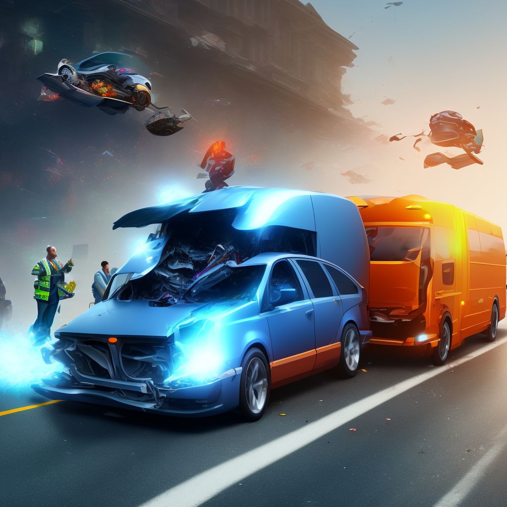 Person on outside of three-wheeled motor vehicle injured in collision with heavy transport vehicle or bus in traffic accident, subsequent encounter digital illustration