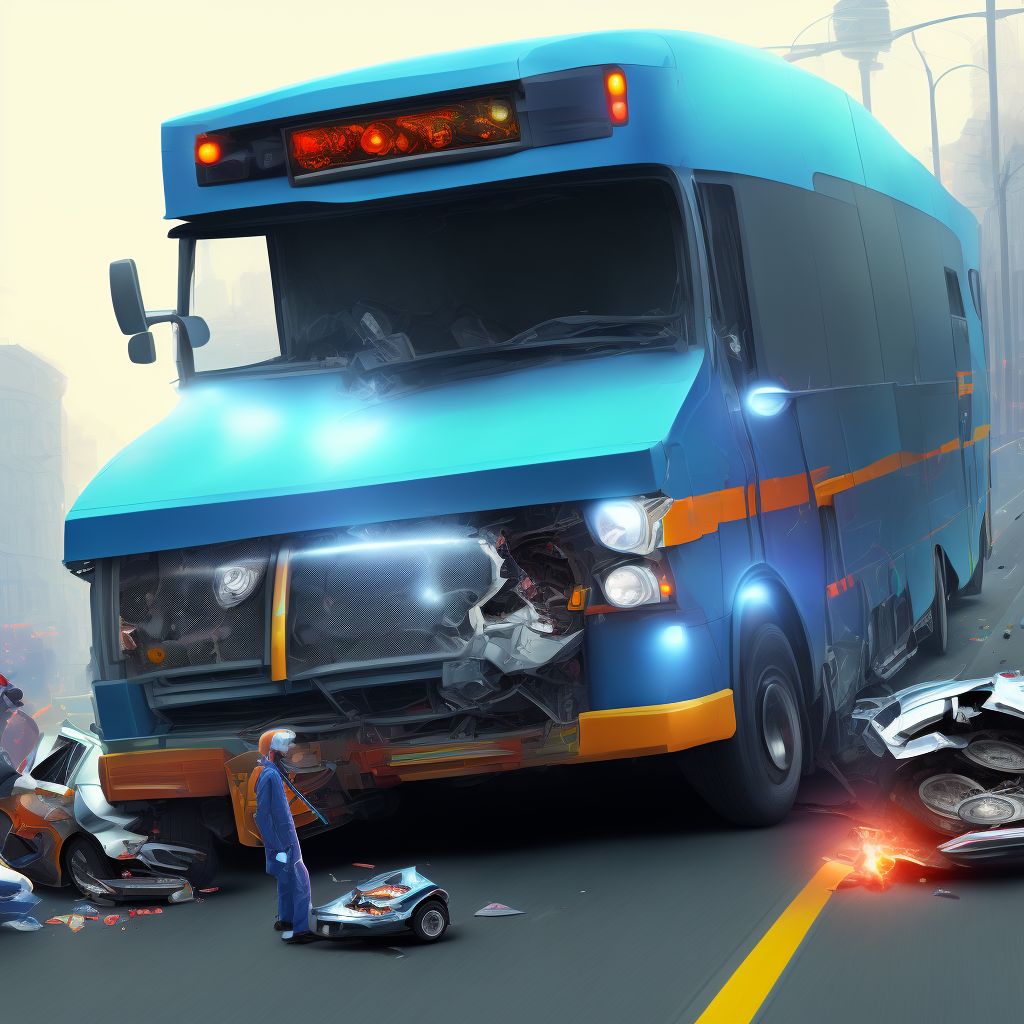 Person on outside of three-wheeled motor vehicle injured in collision with heavy transport vehicle or bus in traffic accident, sequela digital illustration