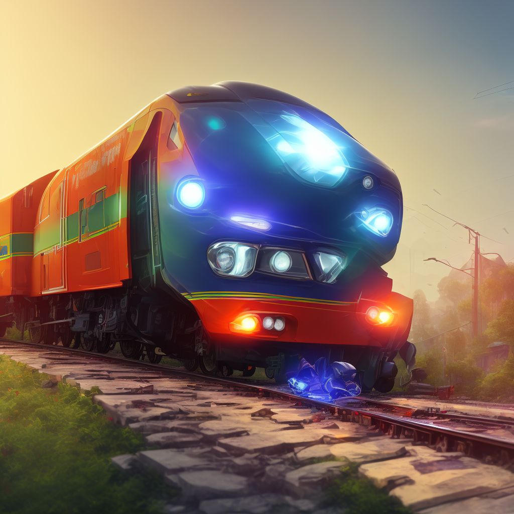 Driver of three-wheeled motor vehicle injured in collision with railway train or railway vehicle in nontraffic accident, initial encounter digital illustration