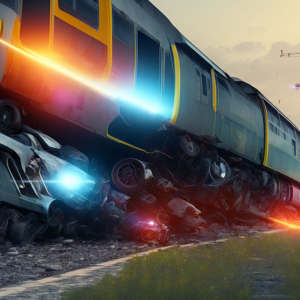 Driver of three-wheeled motor vehicle injured in collision with railway train or railway vehicle in nontraffic accident, subsequent encounter digital illustration