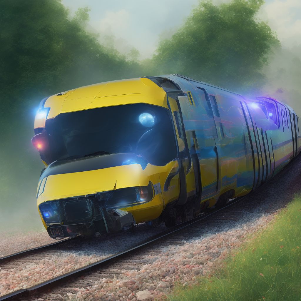 Passenger in three-wheeled motor vehicle injured in collision with railway train or railway vehicle in nontraffic accident, initial encounter digital illustration