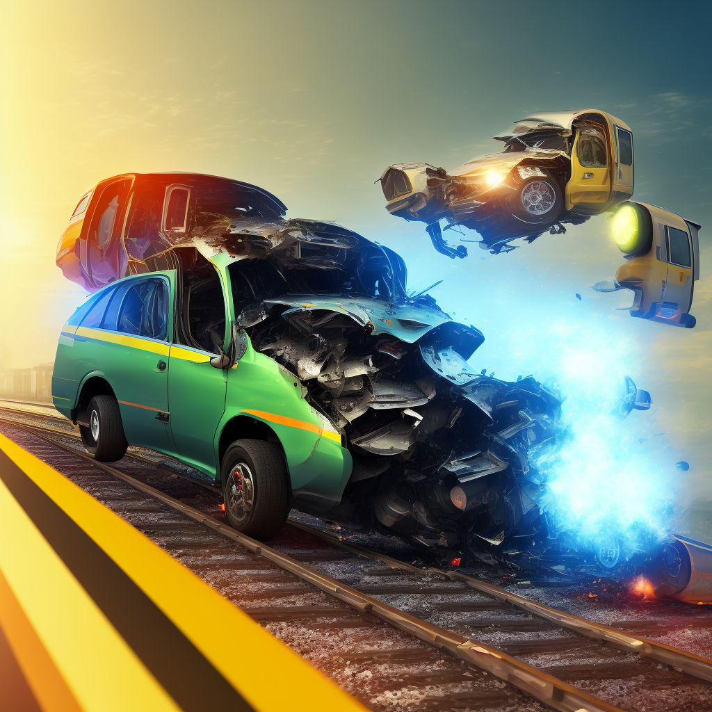 Passenger in three-wheeled motor vehicle injured in collision with railway train or railway vehicle in nontraffic accident, subsequent encounter digital illustration