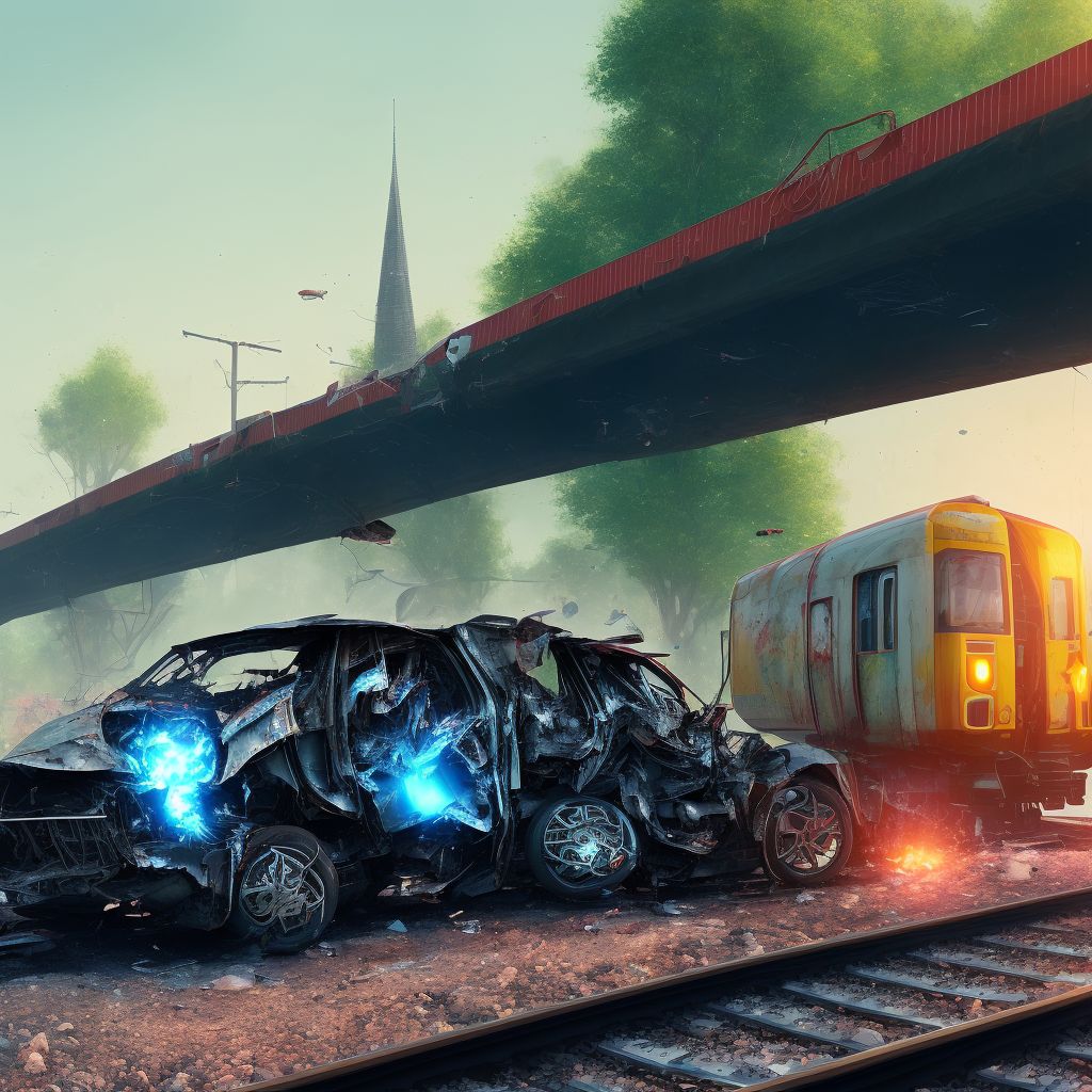 Unspecified occupant of three-wheeled motor vehicle injured in collision with railway train or railway vehicle in nontraffic accident, subsequent encounter digital illustration