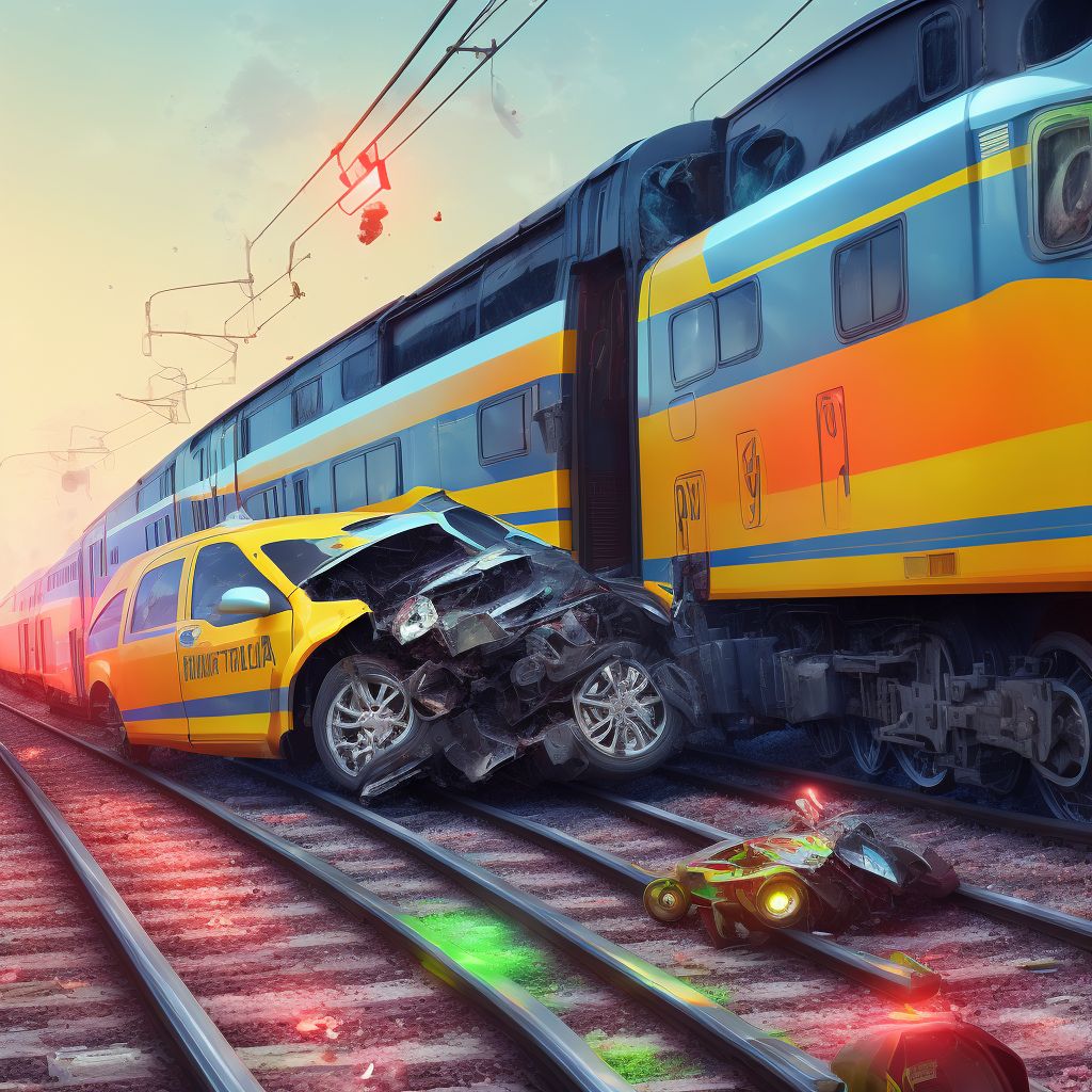 Driver of three-wheeled motor vehicle injured in collision with railway train or railway vehicle in traffic accident, sequela digital illustration