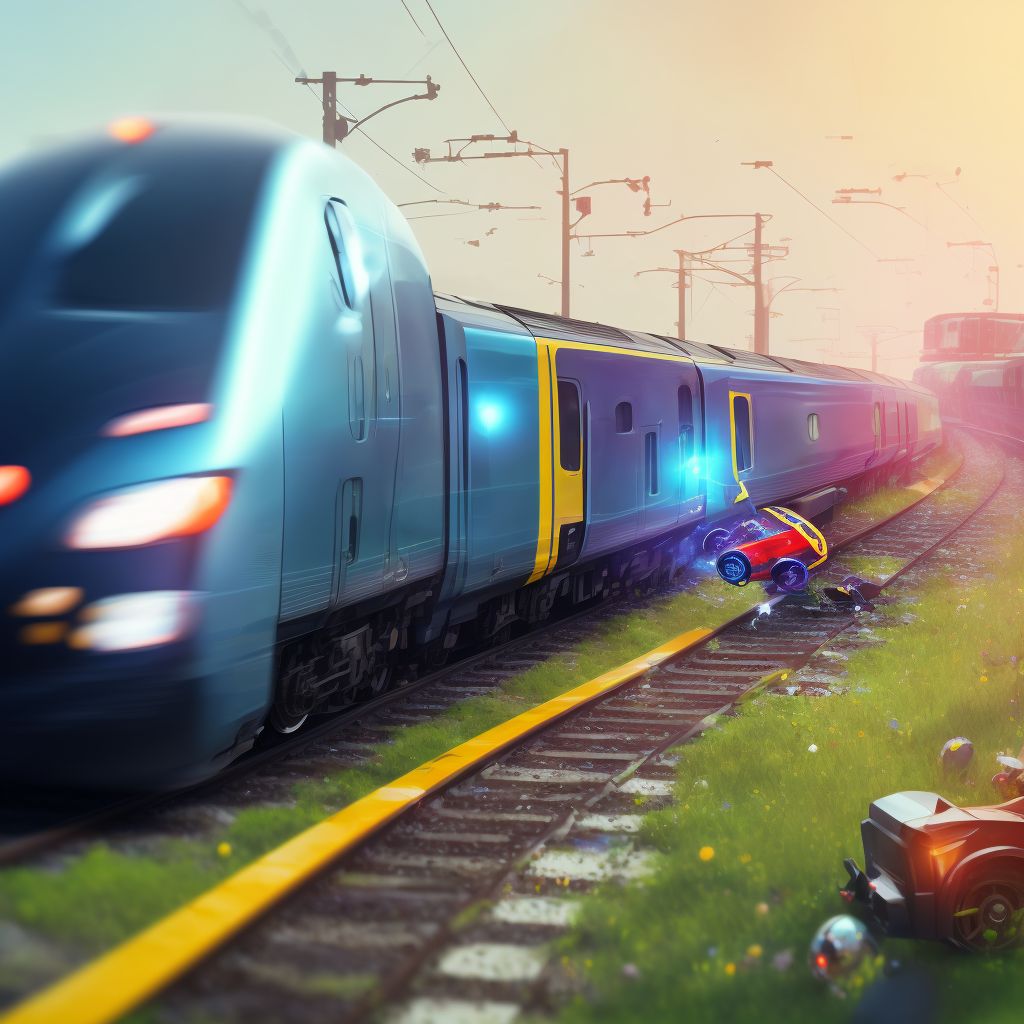 Person on outside of three-wheeled motor vehicle injured in collision with railway train or railway vehicle in traffic accident, initial encounter digital illustration