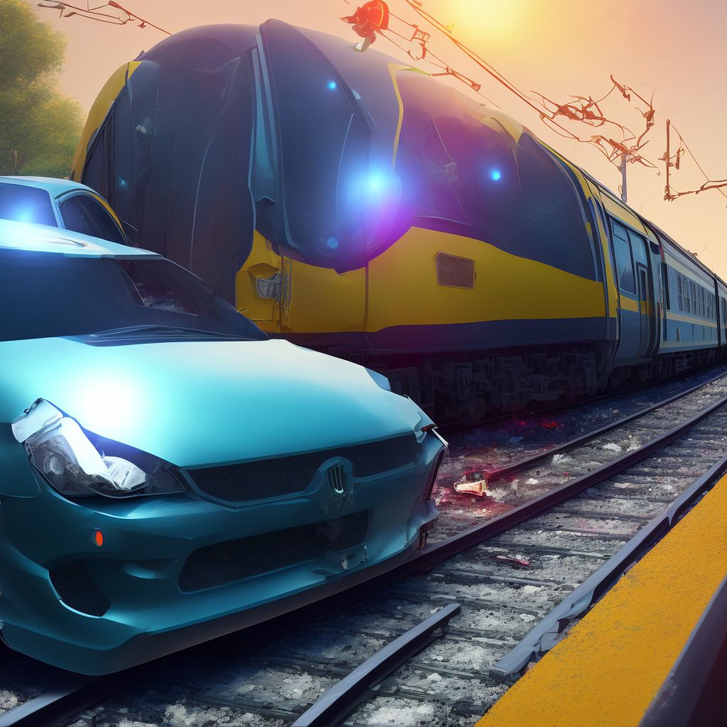 Unspecified occupant of three-wheeled motor vehicle injured in collision with railway train or railway vehicle in traffic accident, subsequent encounter digital illustration