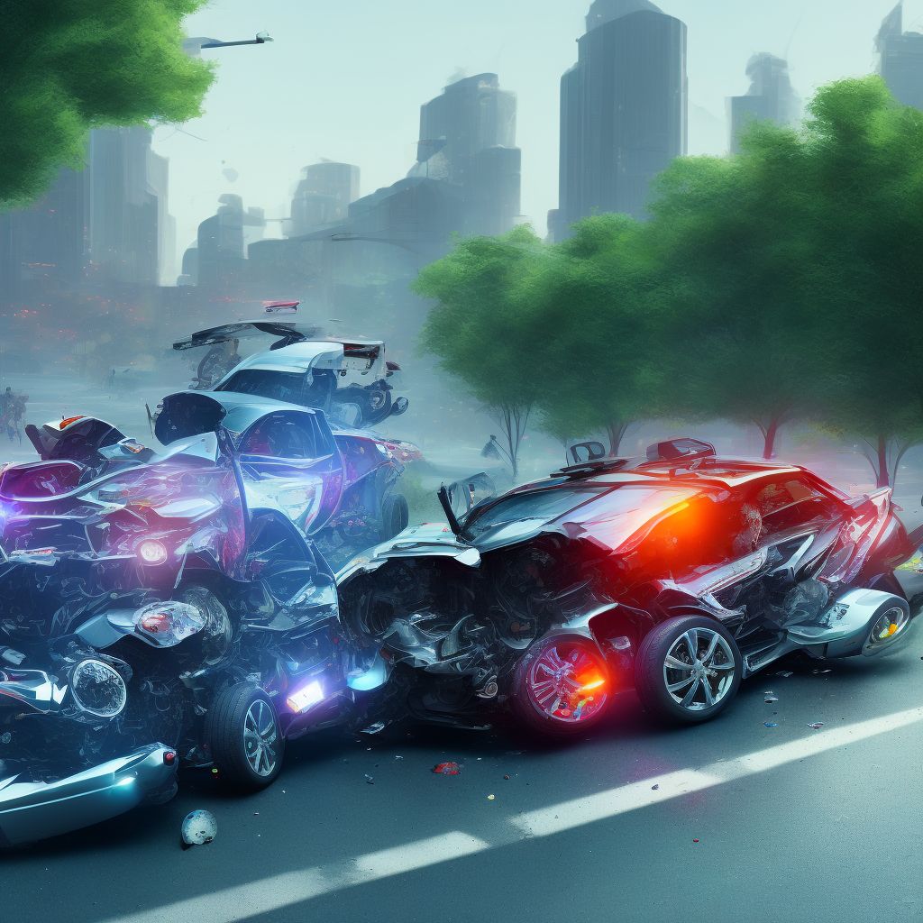 Passenger in three-wheeled motor vehicle injured in collision with other nonmotor vehicle in traffic accident, subsequent encounter digital illustration