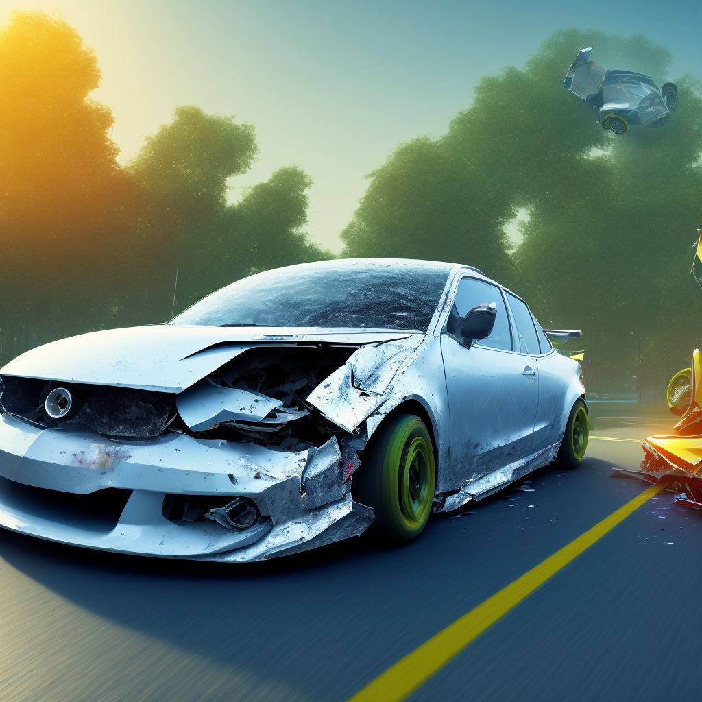 Person on outside of three-wheeled motor vehicle injured in collision with fixed or stationary object in nontraffic accident, initial encounter digital illustration