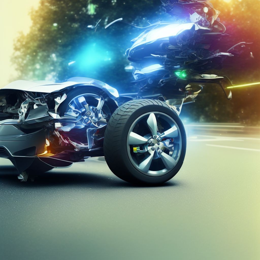 Passenger in three-wheeled motor vehicle injured in collision with fixed or stationary object in traffic accident, initial encounter digital illustration