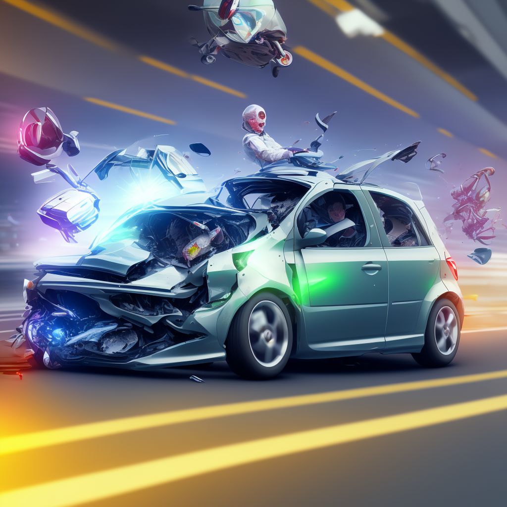 Person on outside of three-wheeled motor vehicle injured in collision with fixed or stationary object in traffic accident, sequela digital illustration