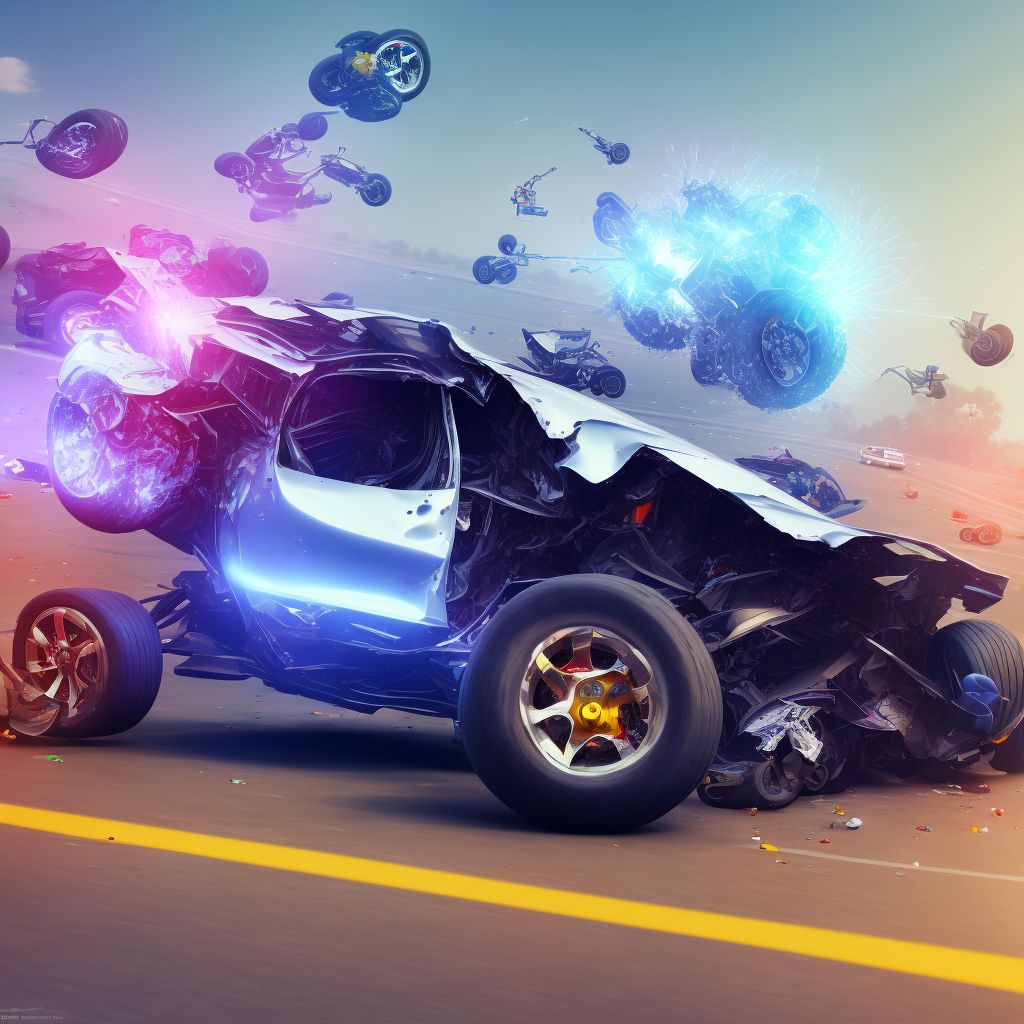 Driver of three-wheeled motor vehicle injured in collision with other motor vehicles in nontraffic accident, initial encounter digital illustration