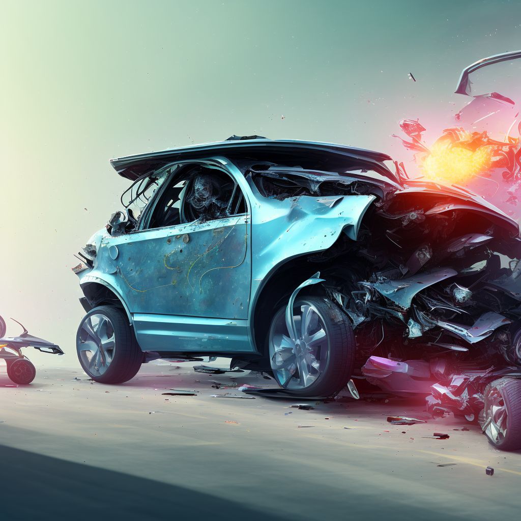 Passenger in three-wheeled motor vehicle injured in collision with other motor vehicles in nontraffic accident, initial encounter digital illustration