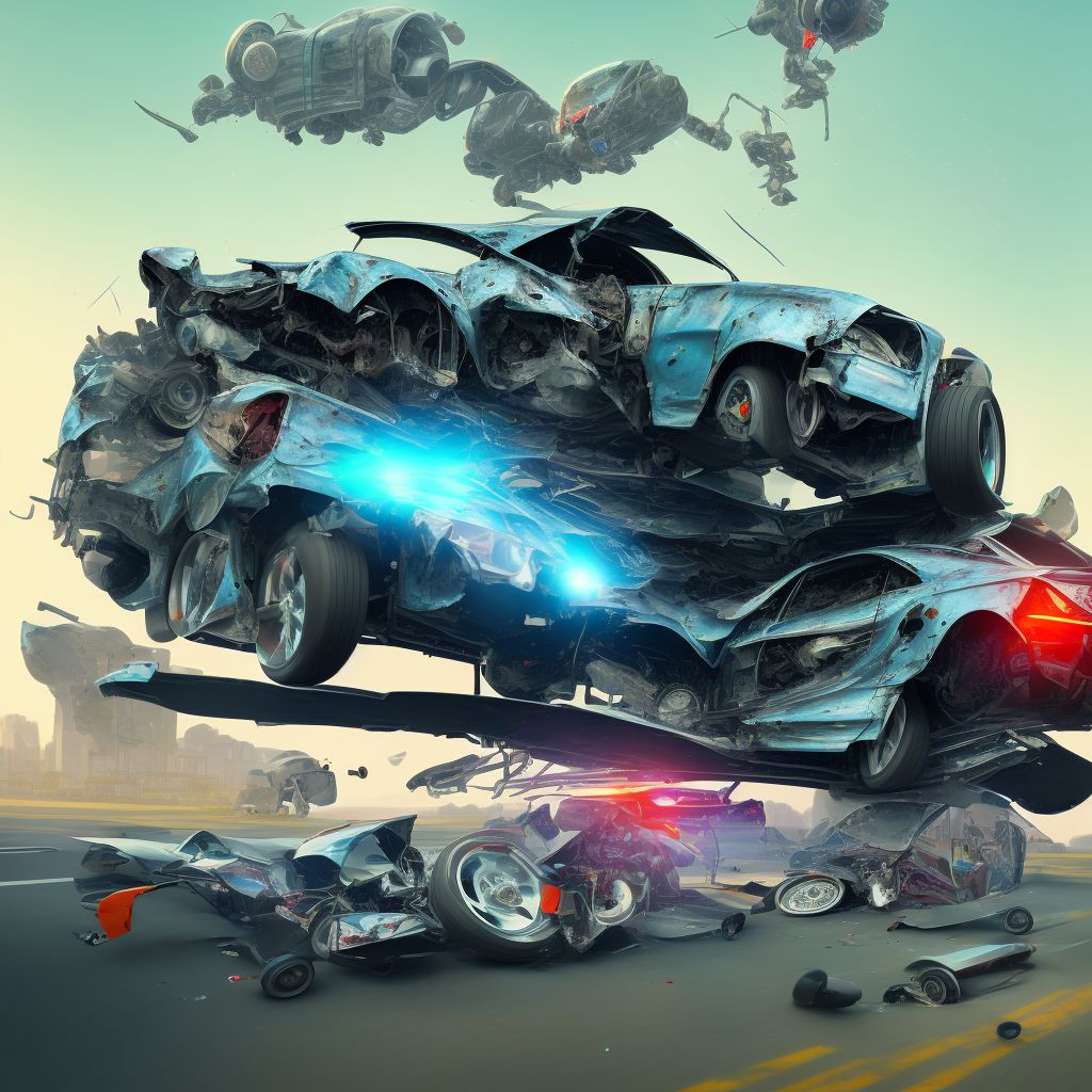 Passenger in three-wheeled motor vehicle injured in collision with other motor vehicles in nontraffic accident, subsequent encounter digital illustration