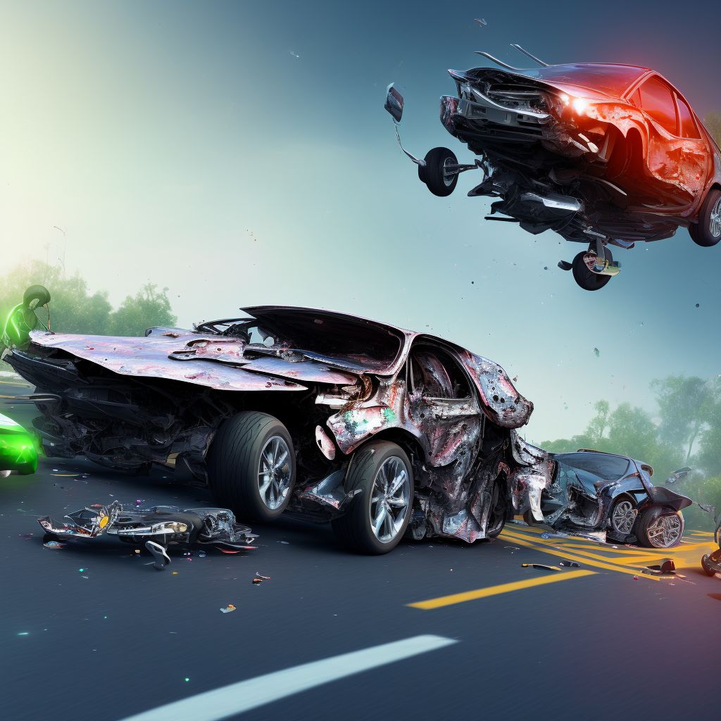 Unspecified occupant of three-wheeled motor vehicle injured in collision with other motor vehicles in nontraffic accident, initial encounter digital illustration