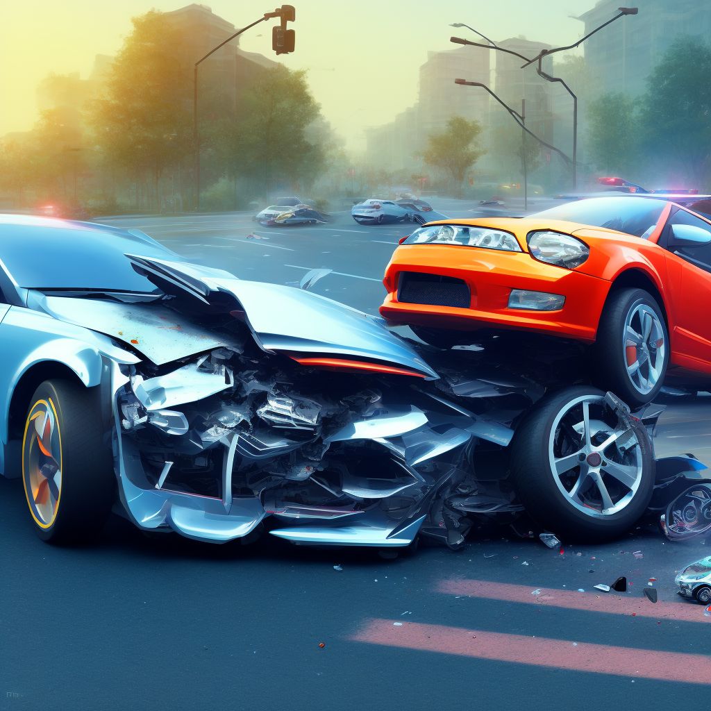 Driver of three-wheeled motor vehicle injured in collision with other motor vehicles in traffic accident, initial encounter digital illustration