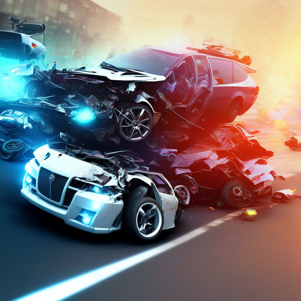 Driver of three-wheeled motor vehicle injured in collision with other motor vehicles in traffic accident, subsequent encounter digital illustration