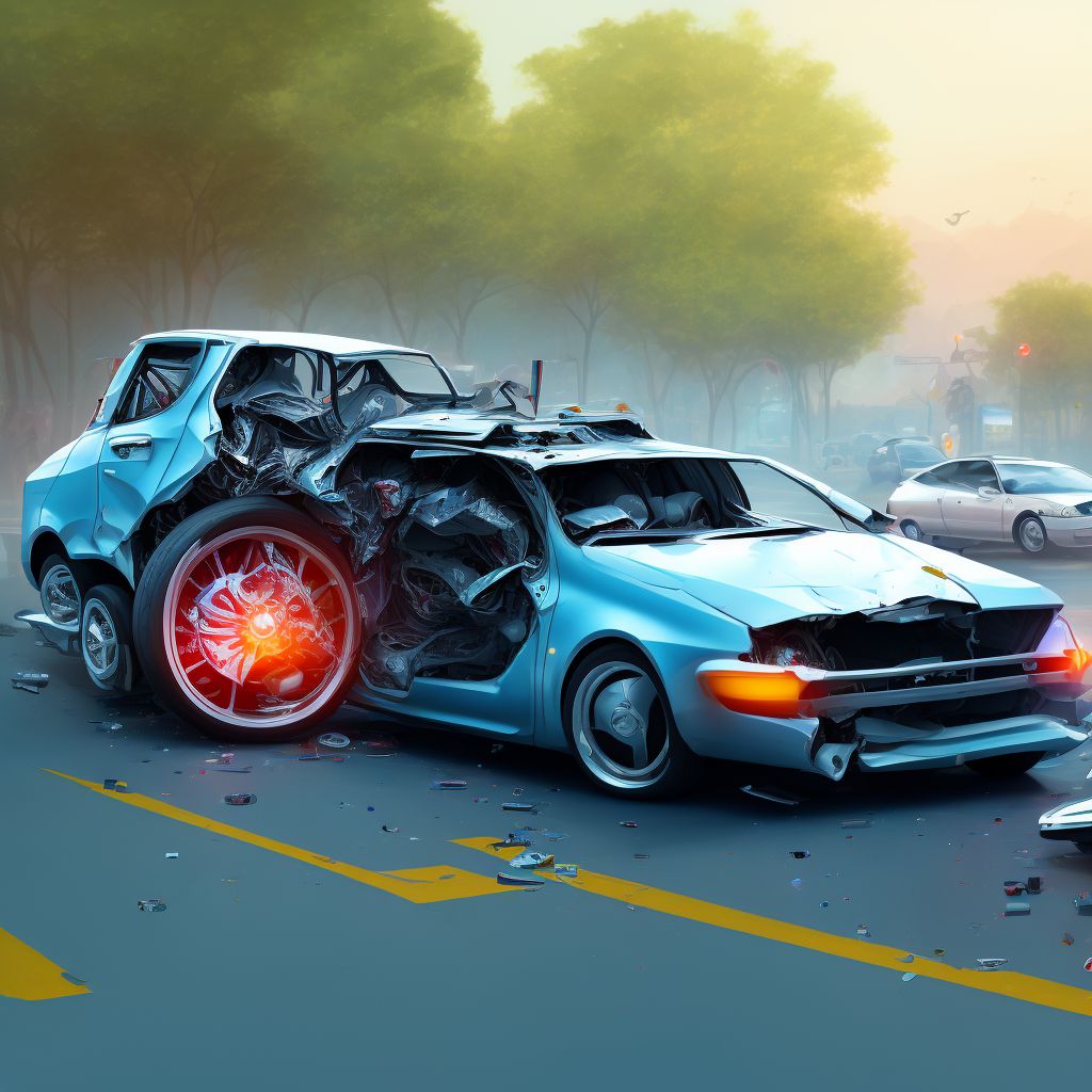 Passenger in three-wheeled motor vehicle injured in collision with unspecified motor vehicles in traffic accident, subsequent encounter digital illustration