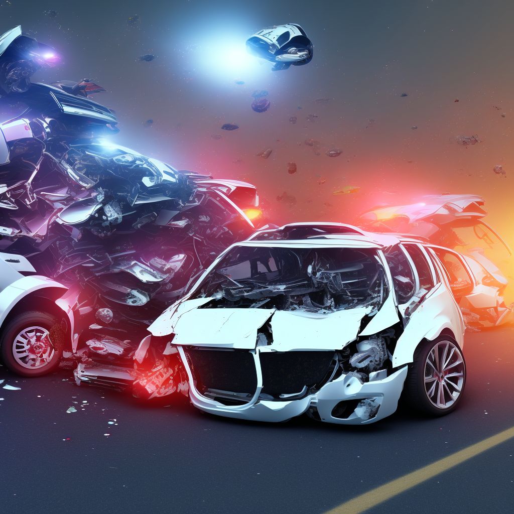 Unspecified occupant of three-wheeled motor vehicle injured in collision with unspecified motor vehicles in traffic accident, subsequent encounter digital illustration