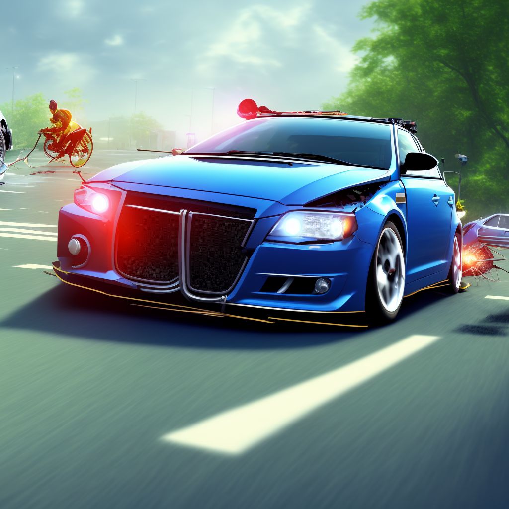 Car driver injured in collision with pedal cycle in nontraffic accident, subsequent encounter digital illustration