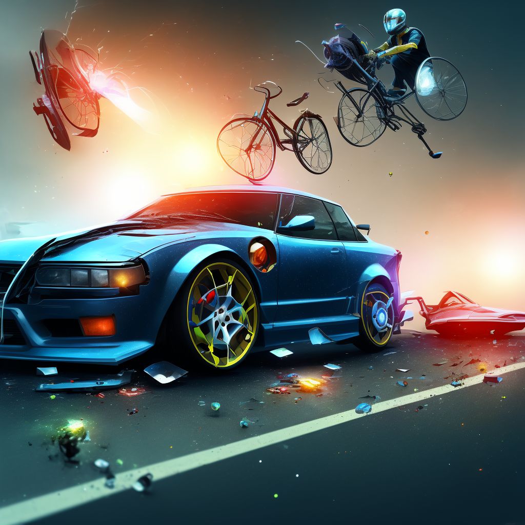 Person on outside of car injured in collision with pedal cycle in nontraffic accident, initial encounter digital illustration