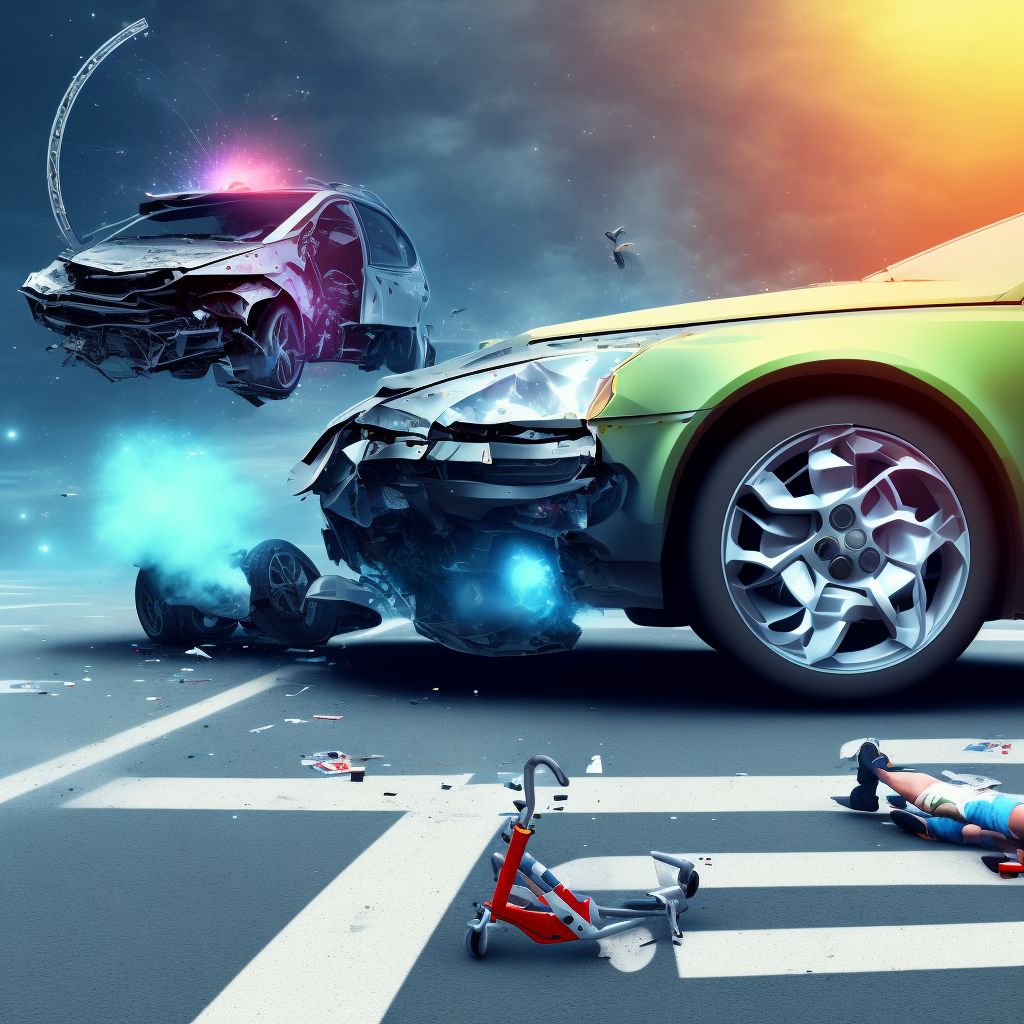 Person boarding or alighting a car injured in collision with pedal cycle, subsequent encounter digital illustration