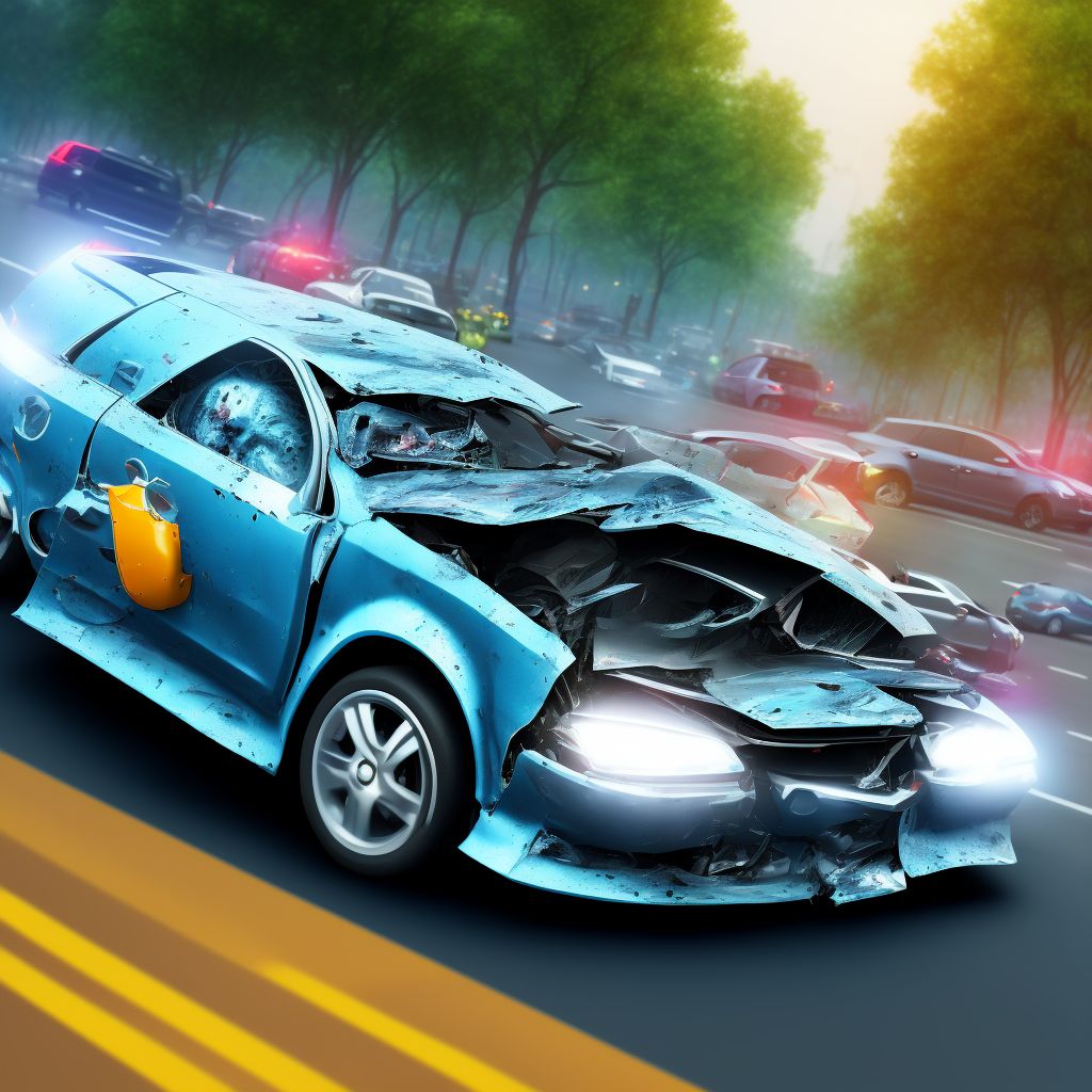 Car passenger injured in collision with two- or three-wheeled motor vehicle in traffic accident, sequela digital illustration