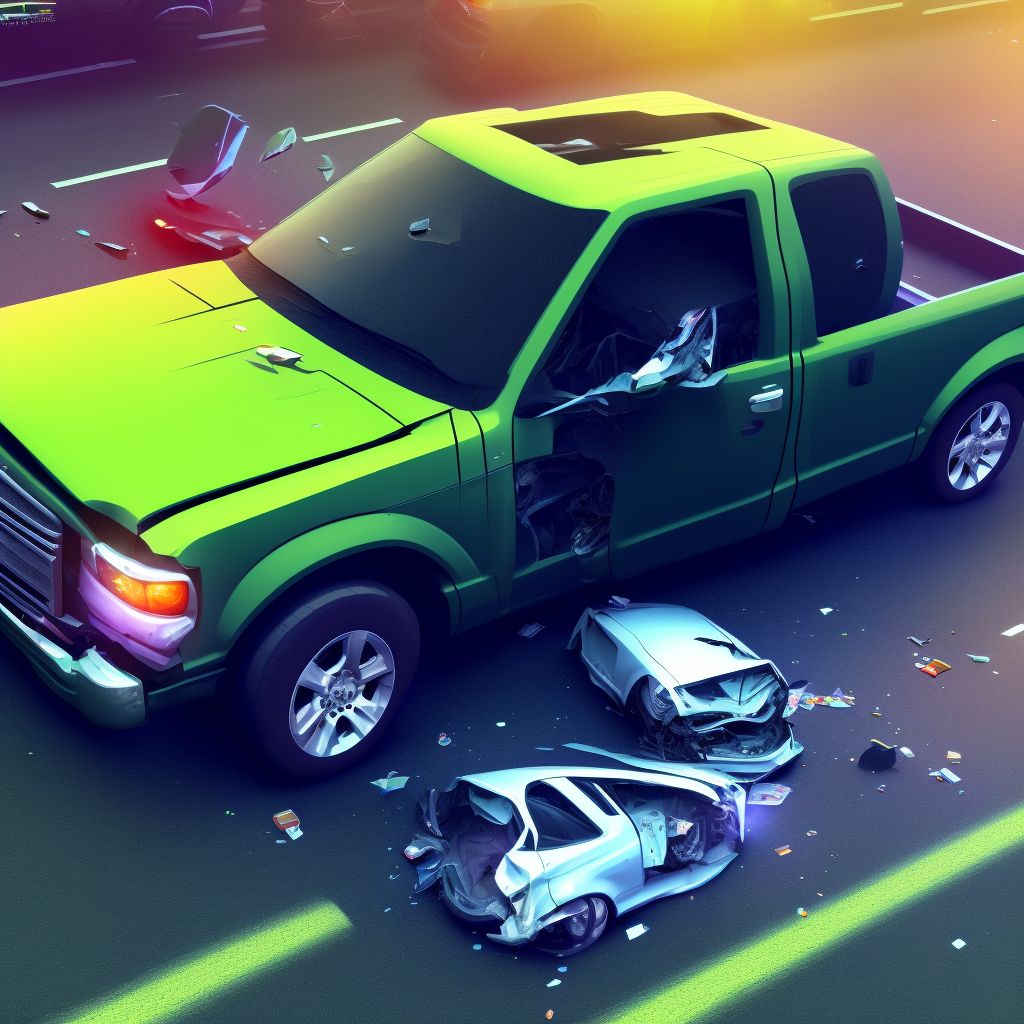 Car driver injured in collision with pick-up truck in nontraffic accident, subsequent encounter digital illustration