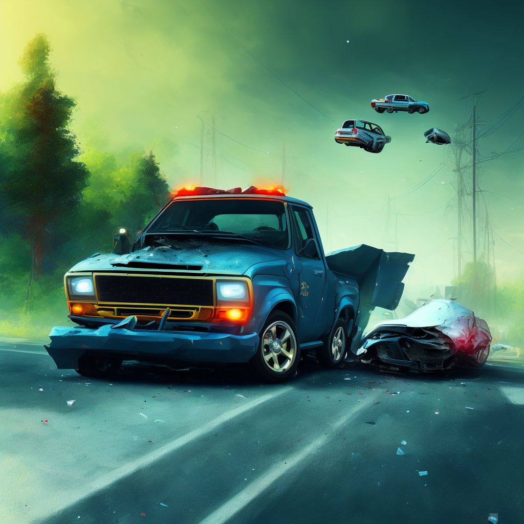 Car passenger injured in collision with pick-up truck in nontraffic accident, initial encounter digital illustration