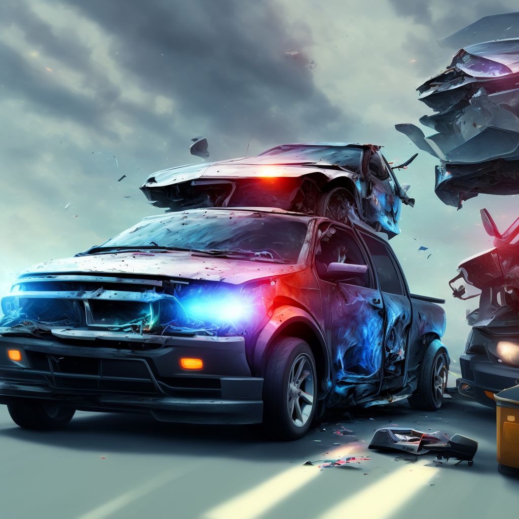 Person boarding or alighting a car injured in collision with pick-up truck, initial encounter digital illustration