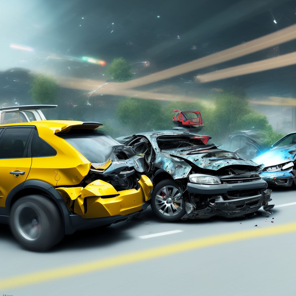 Car driver injured in collision with sport utility vehicle in traffic accident, subsequent encounter digital illustration