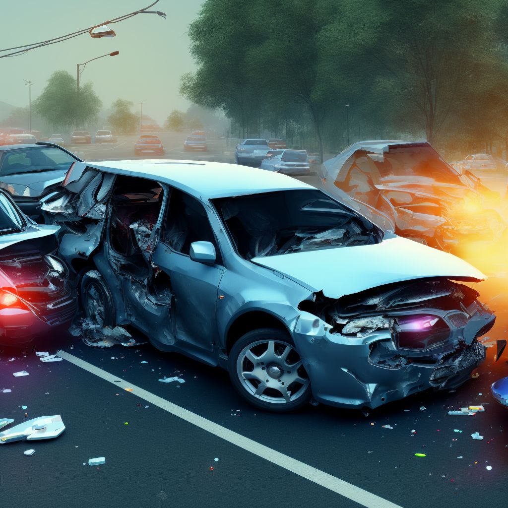 Car driver injured in collision with sport utility vehicle in traffic accident, sequela digital illustration