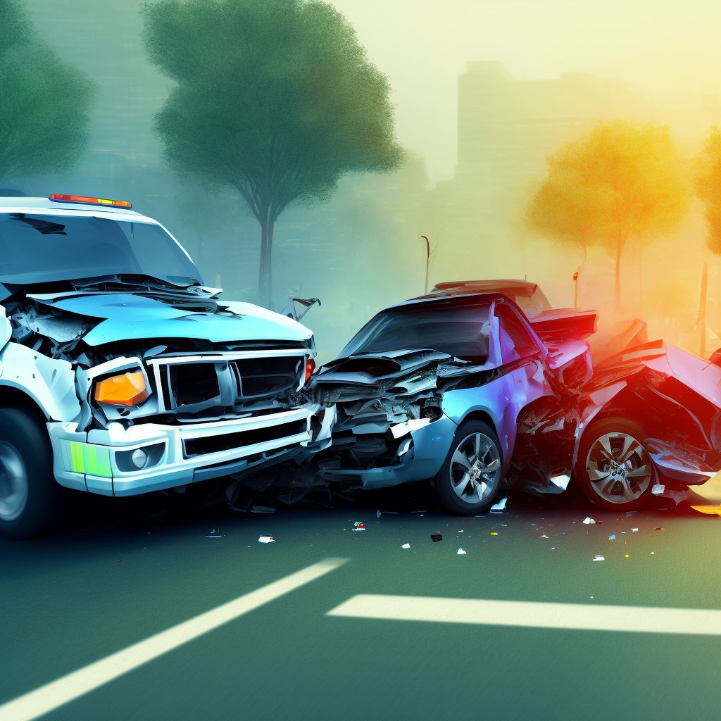 Car driver injured in collision with pick-up truck in traffic accident, initial encounter digital illustration