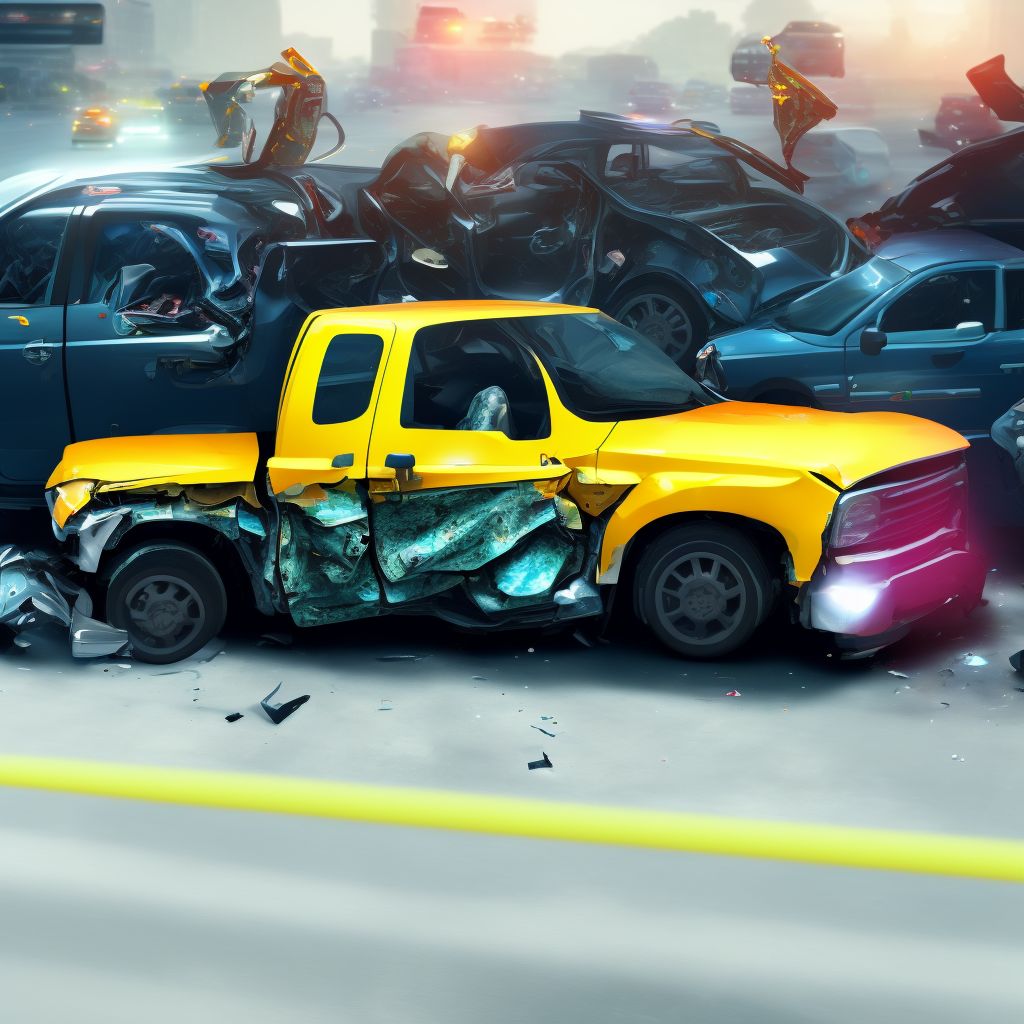 Car driver injured in collision with pick-up truck in traffic accident, subsequent encounter digital illustration