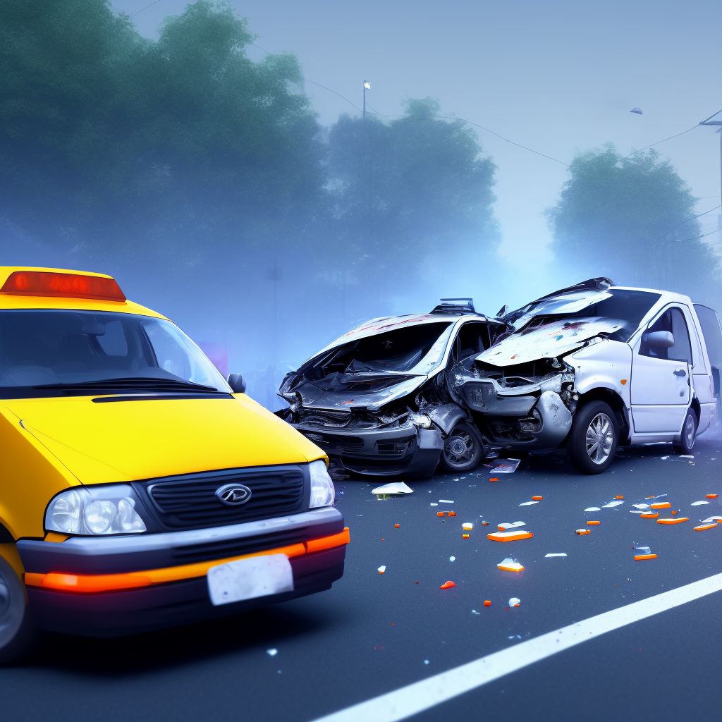 Car driver injured in collision with van in traffic accident, subsequent encounter digital illustration