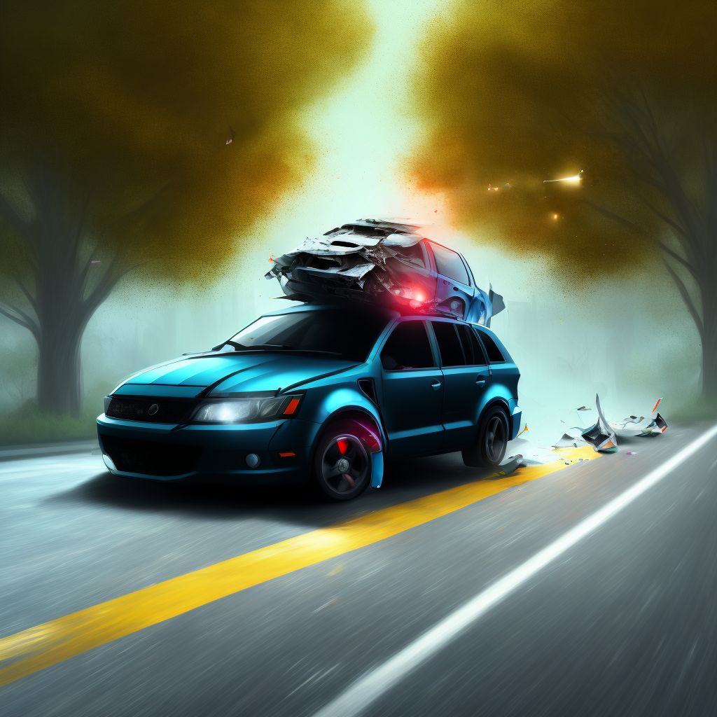 Car passenger injured in collision with sport utility vehicle in traffic accident, initial encounter digital illustration