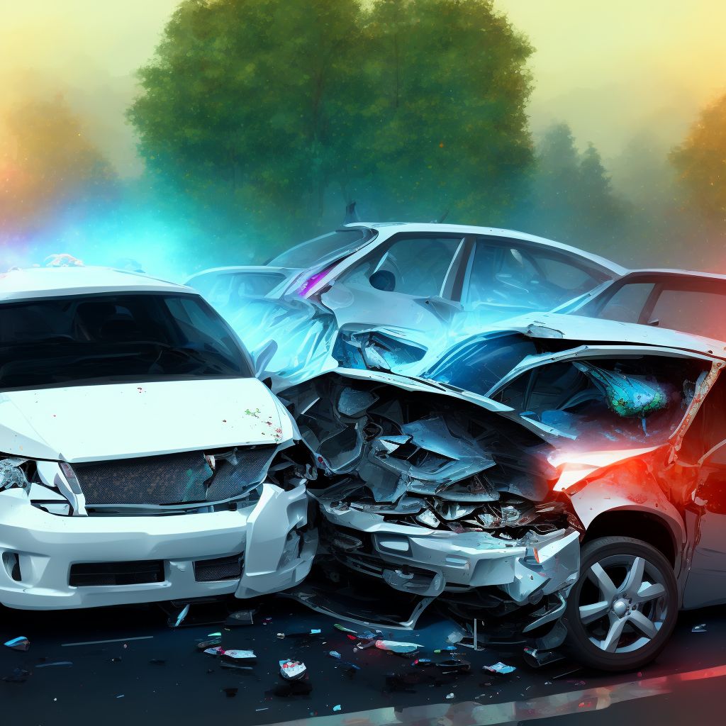 Car passenger injured in collision with sport utility vehicle in traffic accident, subsequent encounter digital illustration