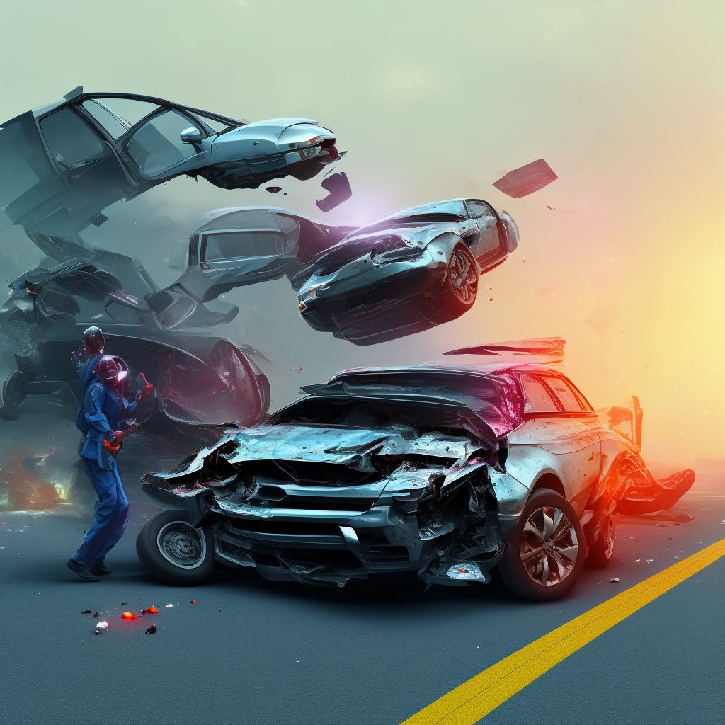 Car passenger injured in collision with sport utility vehicle in traffic accident, sequela digital illustration