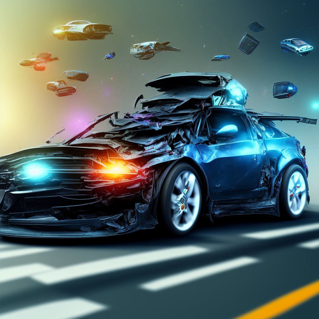 Car passenger injured in collision with other type car in traffic accident, initial encounter digital illustration