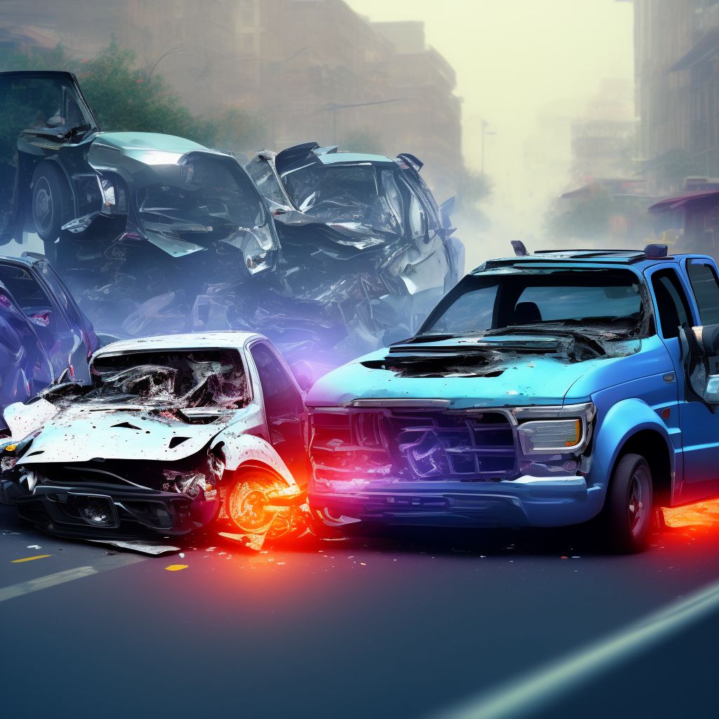 Car passenger injured in collision with pick-up truck in traffic accident, initial encounter digital illustration