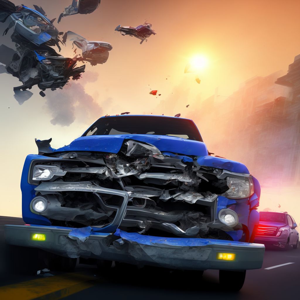 Car passenger injured in collision with pick-up truck in traffic accident, subsequent encounter digital illustration