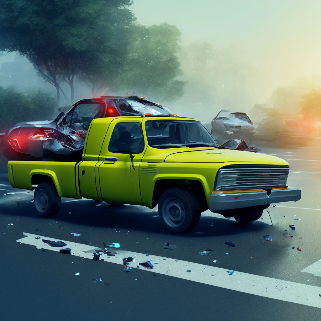 Car passenger injured in collision with pick-up truck in traffic accident, sequela digital illustration