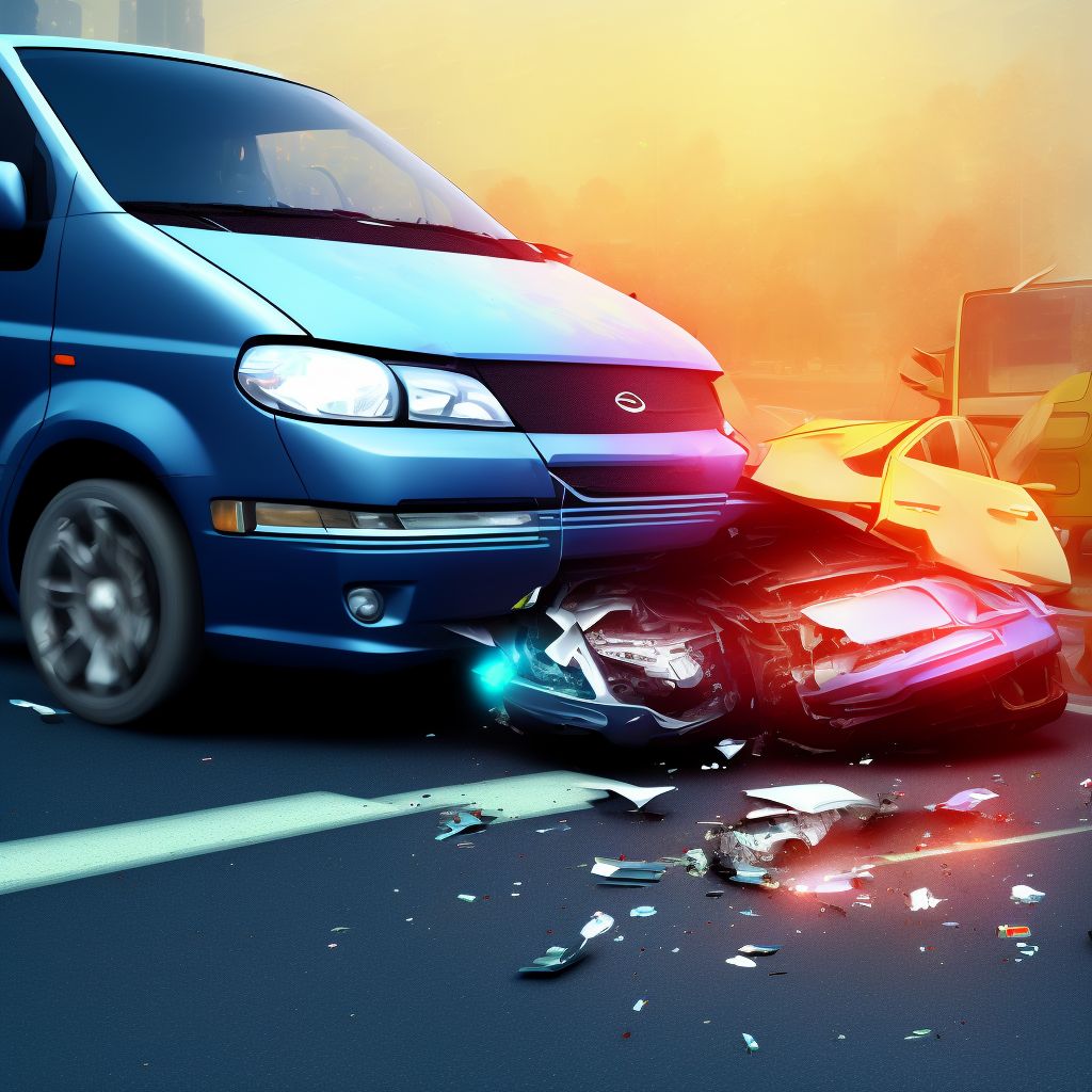 Car passenger injured in collision with van in traffic accident, subsequent encounter digital illustration