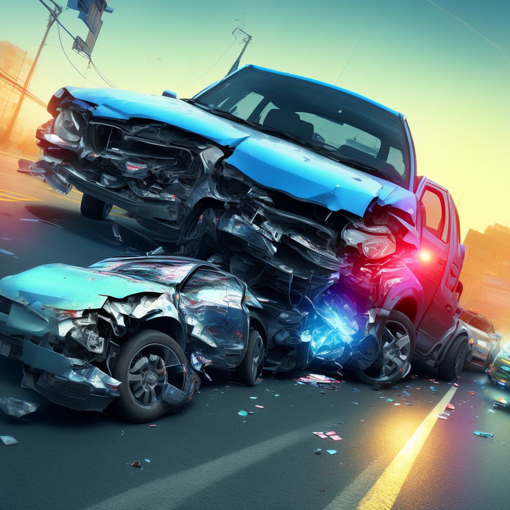 Person on outside of car injured in collision with pick-up truck in traffic accident, initial encounter digital illustration