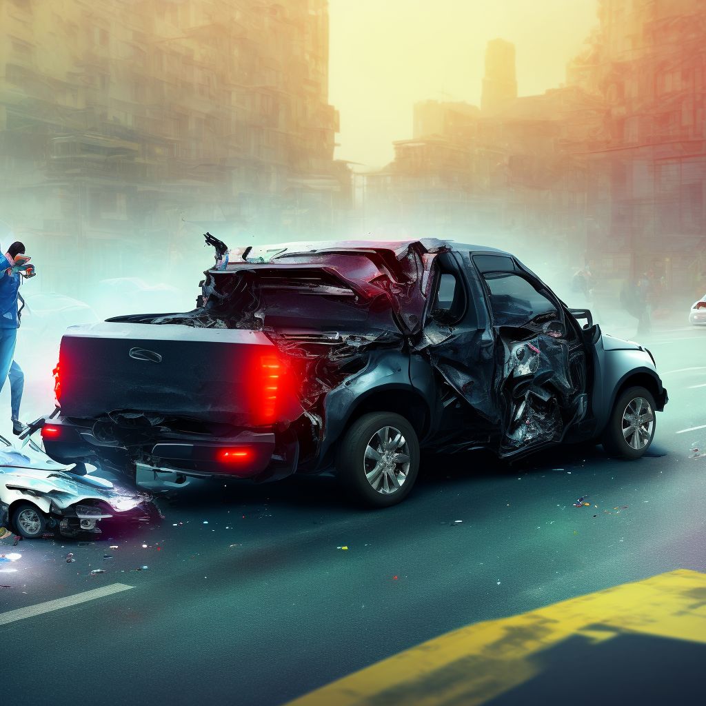 Person on outside of car injured in collision with pick-up truck in traffic accident, subsequent encounter digital illustration