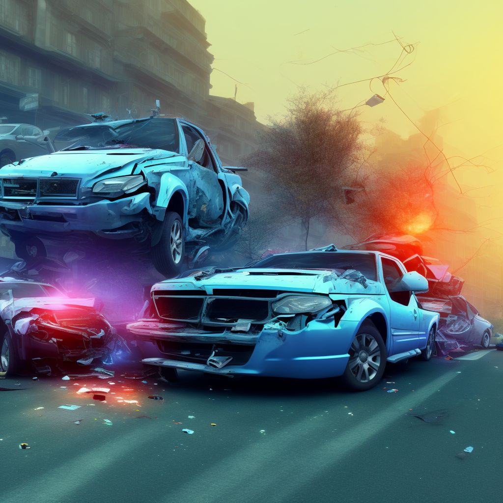 Unspecified car occupant injured in collision with pick-up truck in traffic accident, initial encounter digital illustration