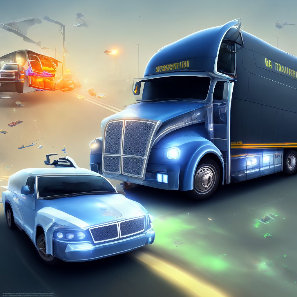 Car passenger injured in collision with heavy transport vehicle or bus in nontraffic accident, subsequent encounter digital illustration